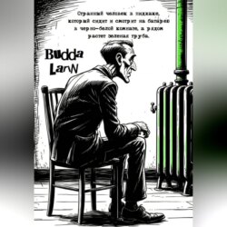 Странный человек в пиджаке, который сидит и смотрит на батарею в черно-белой комнате, а рядом растет зеленая труба.